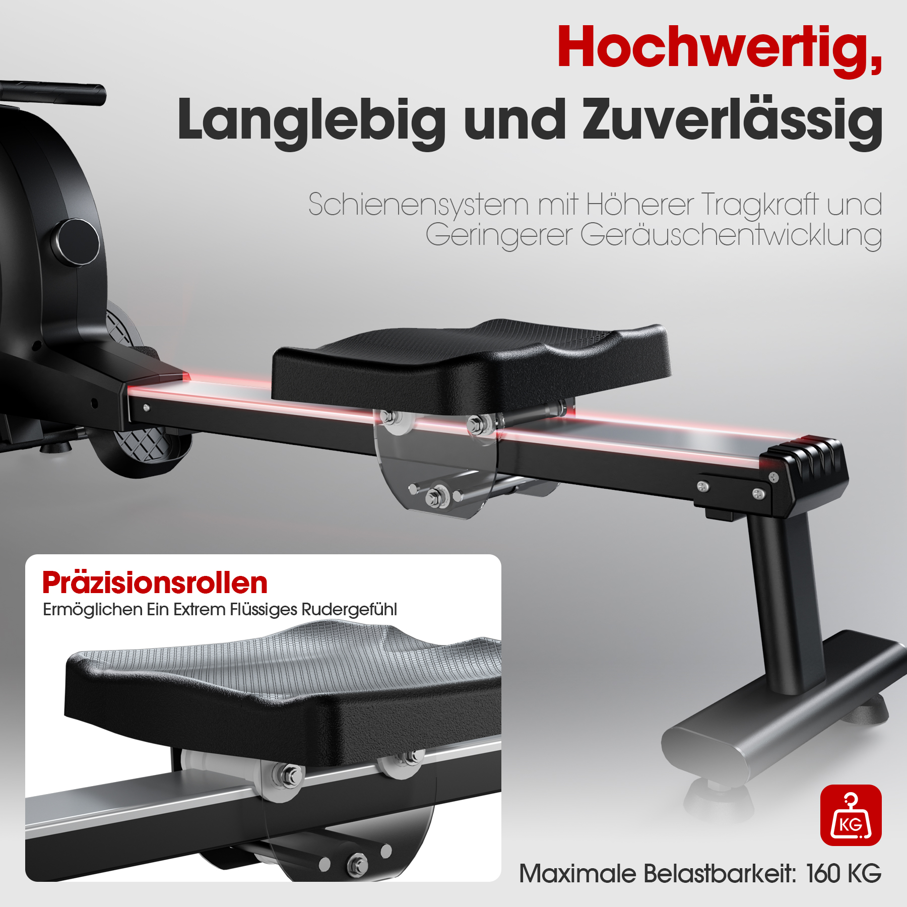 Ein schwarzes Rudergerät mit Sitz, Schienen und maximaler Belastbarkeit von 160 KG.