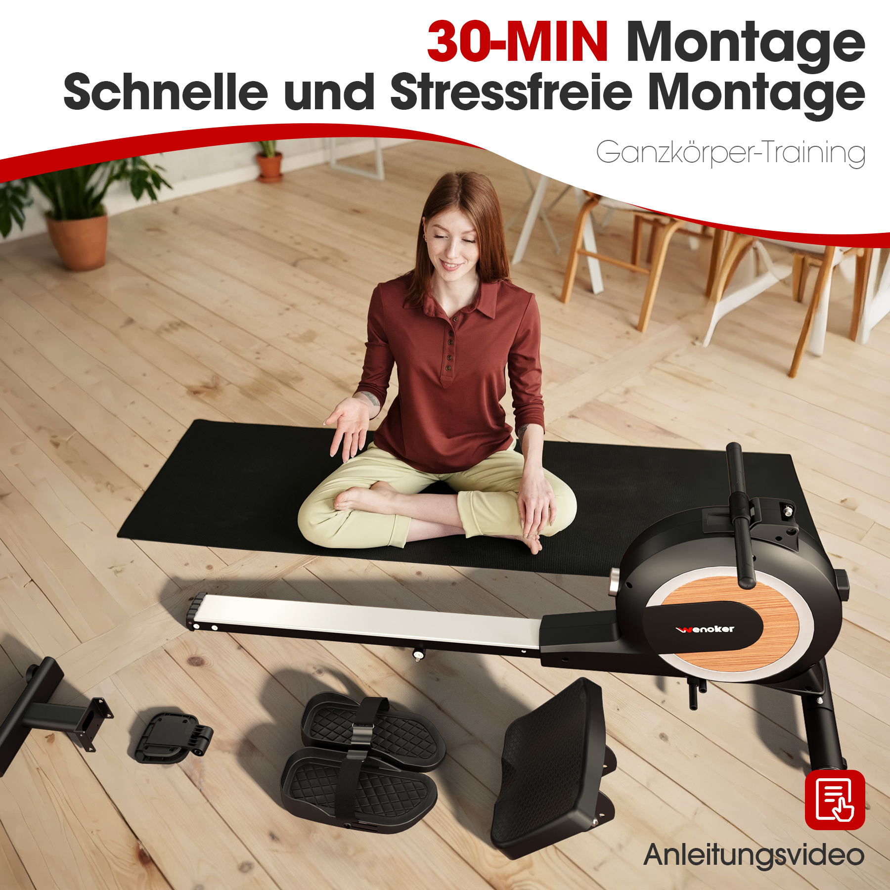 Eine Frau sitzt im Schneidersitz auf einer Matte neben einem Rudergerät. Teile liegen herum.