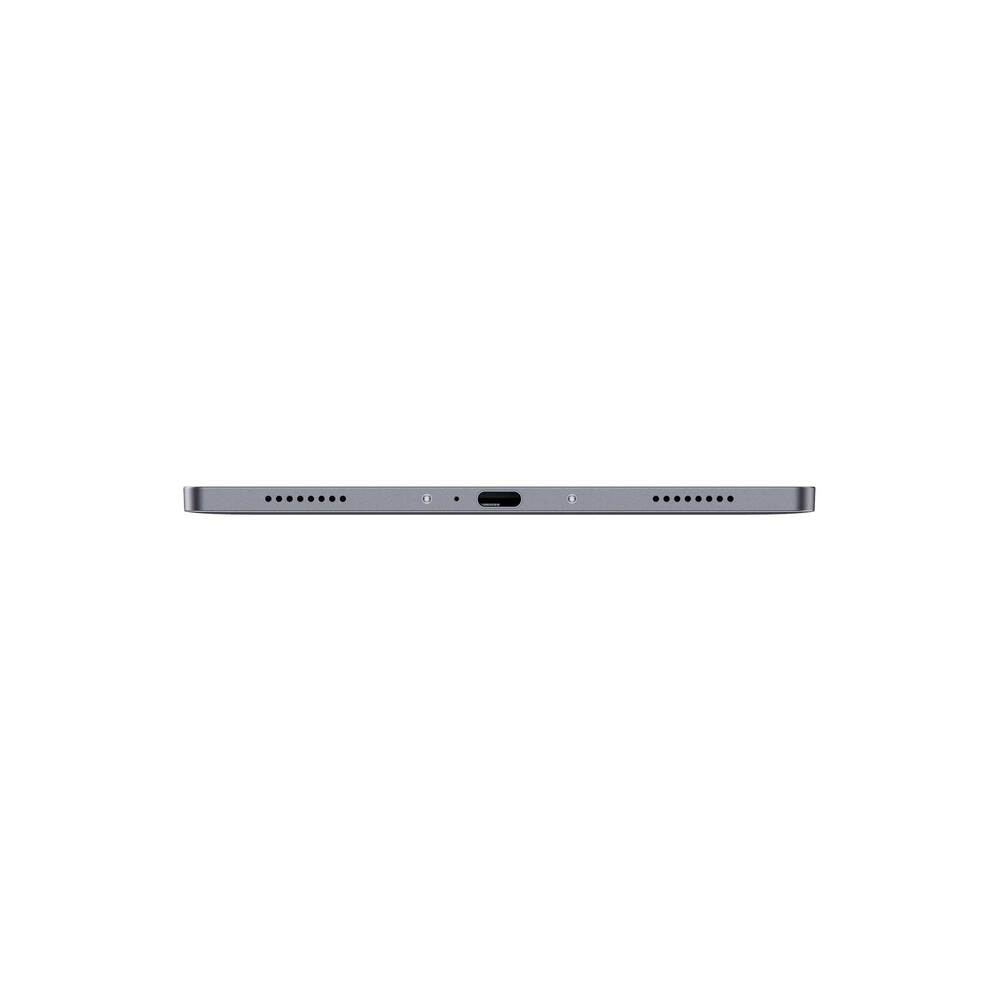 Tablette grise vue de côté, montrant le port de charge et les grilles de haut-parleur.
