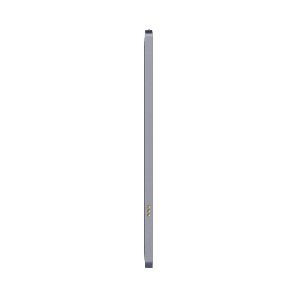 Tablette grise avec des broches de chargement sur le côté.