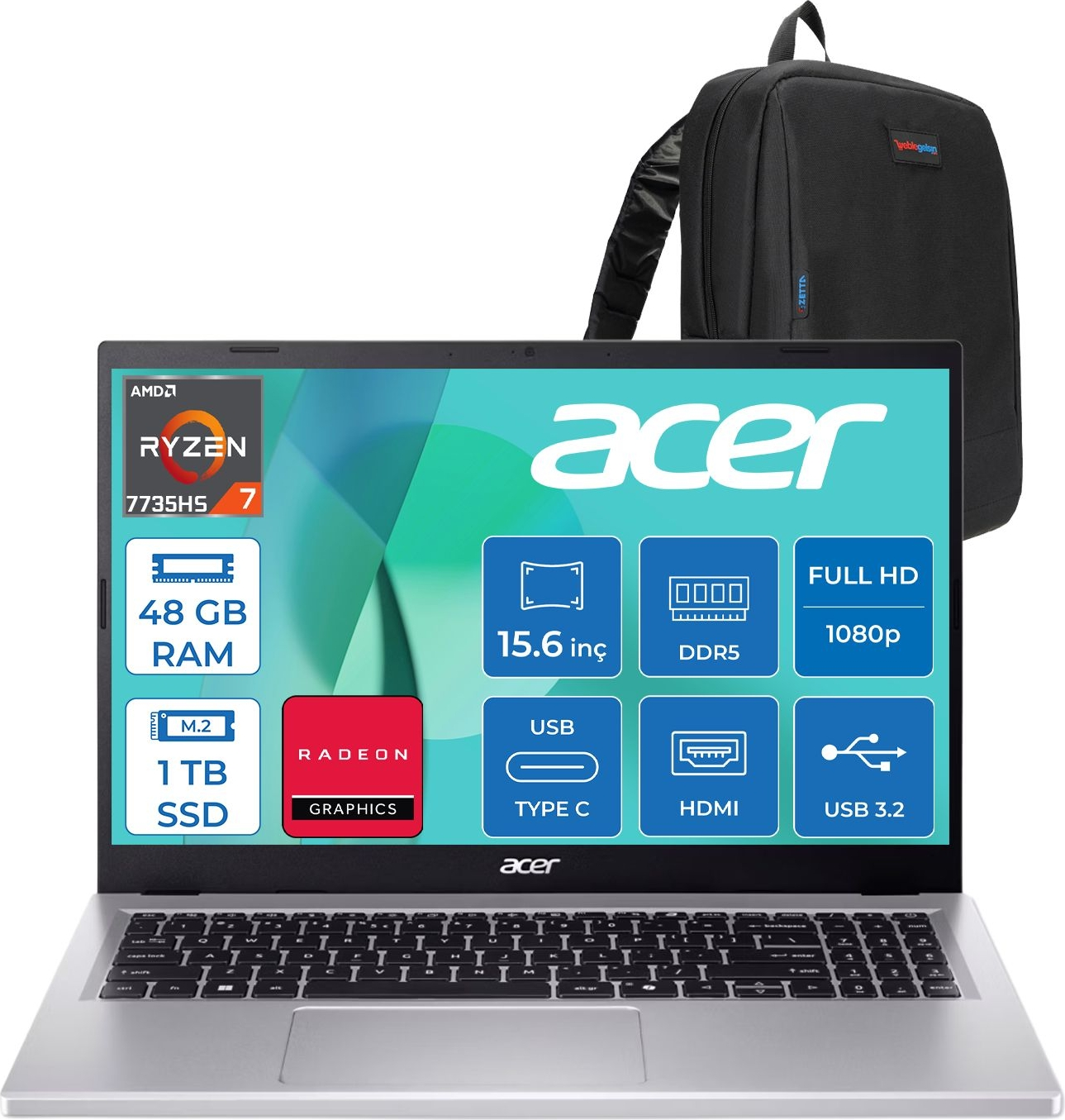 AMD Ryzen 7, 48GB RAM, 1TB SSD'li gümüş Acer dizüstü bilgisayar ve siyah sırt çantası.