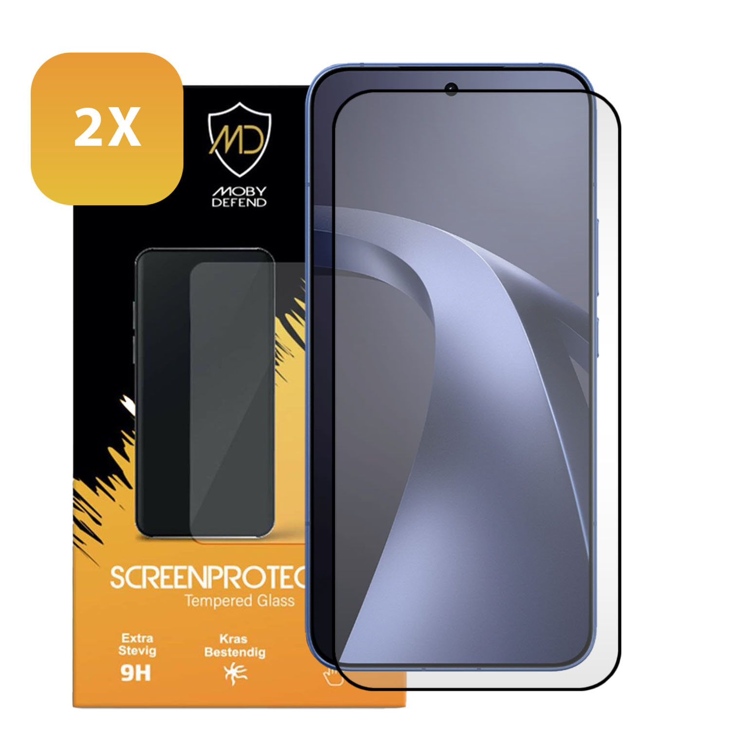 Deux protections d'écran pour téléphone sur emballage, avec autocollant 2X et logo.