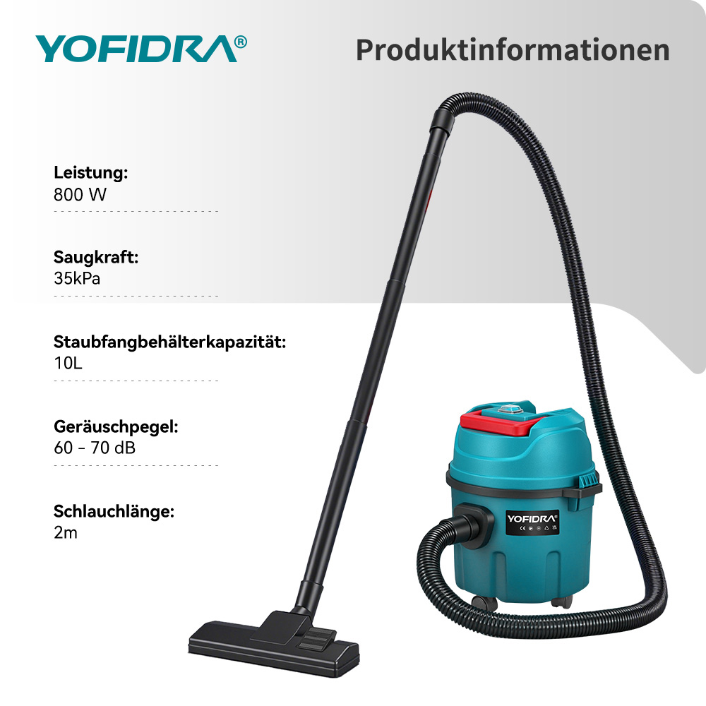 Ein türkisfarbener Nass-/Trockensauger von YOFIDRA mit schwarzem Schlauch und Stiel.
