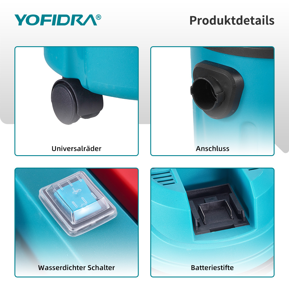 Produktbilder: Rad, Anschluss, Schalter und Batteriekontakte eines blauen Geräts.