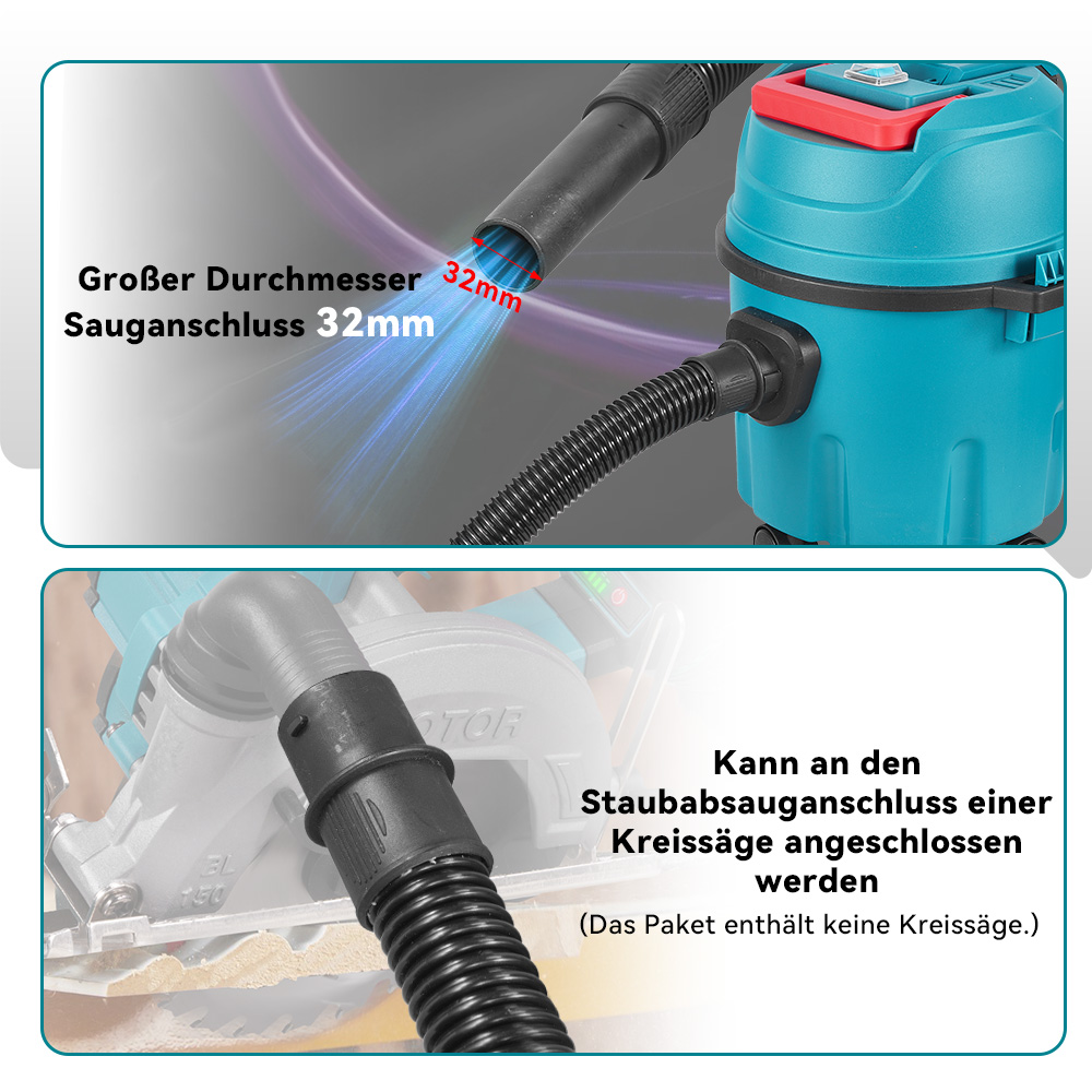 Ein Staubsauger mit 32mm Sauganschluss und ein Schlauch für eine Kreissäge.