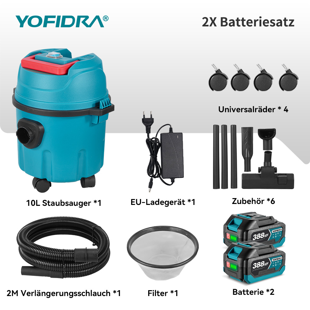 Ein blauer Staubsauger mit Zubehör: Schlauch, Filter, Ladegerät, Batterien, Räder.