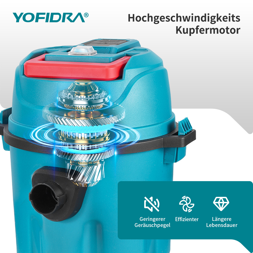 Ein blauer Staubsauger mit sichtbarem Kupfermotor und Zahnrädern. Text: Hochgeschwindigkeits-Kupfermoto