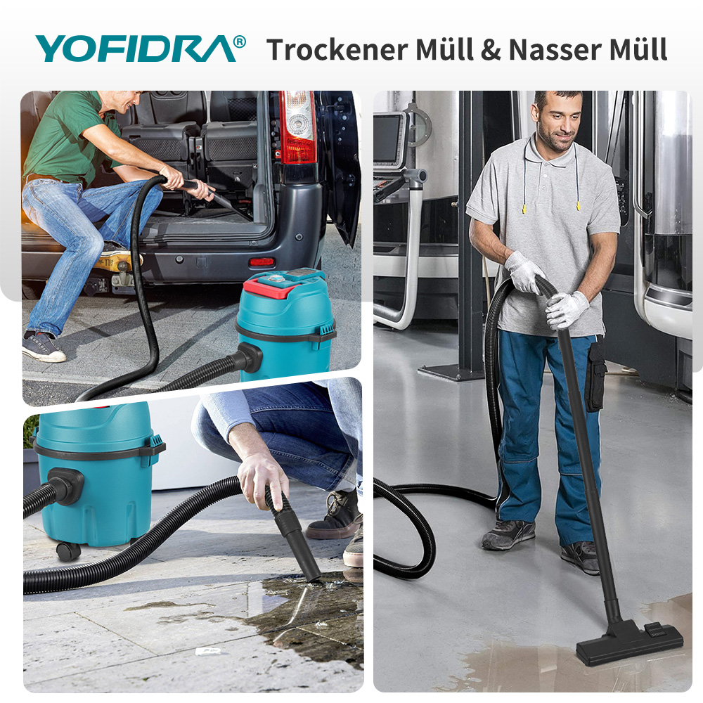 Ein Mann reinigt einen Van innen, eine Maschine saugt Wasser auf und ein Mann saugt Boden.