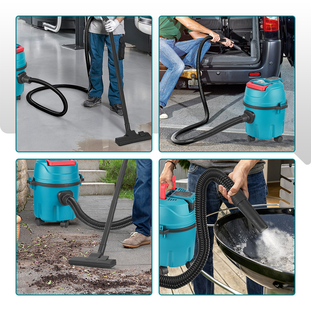 Vier Bilder zeigen einen Nass-/Trockensauger im Einsatz: im Innenbereich, im Auto, draußen und auf einem Grill.