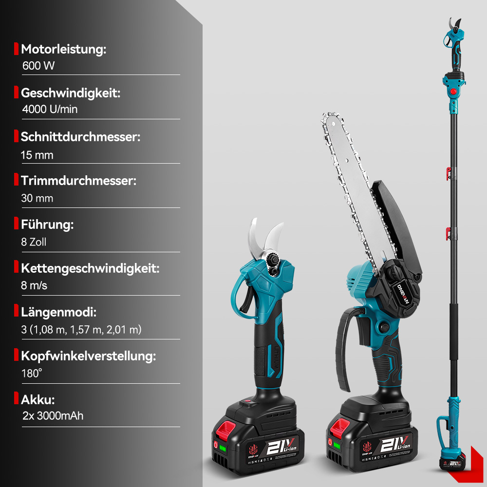 Drei Gartengeräte: Astschere, Kettensäge und Teleskop-Astschere mit Akkus.