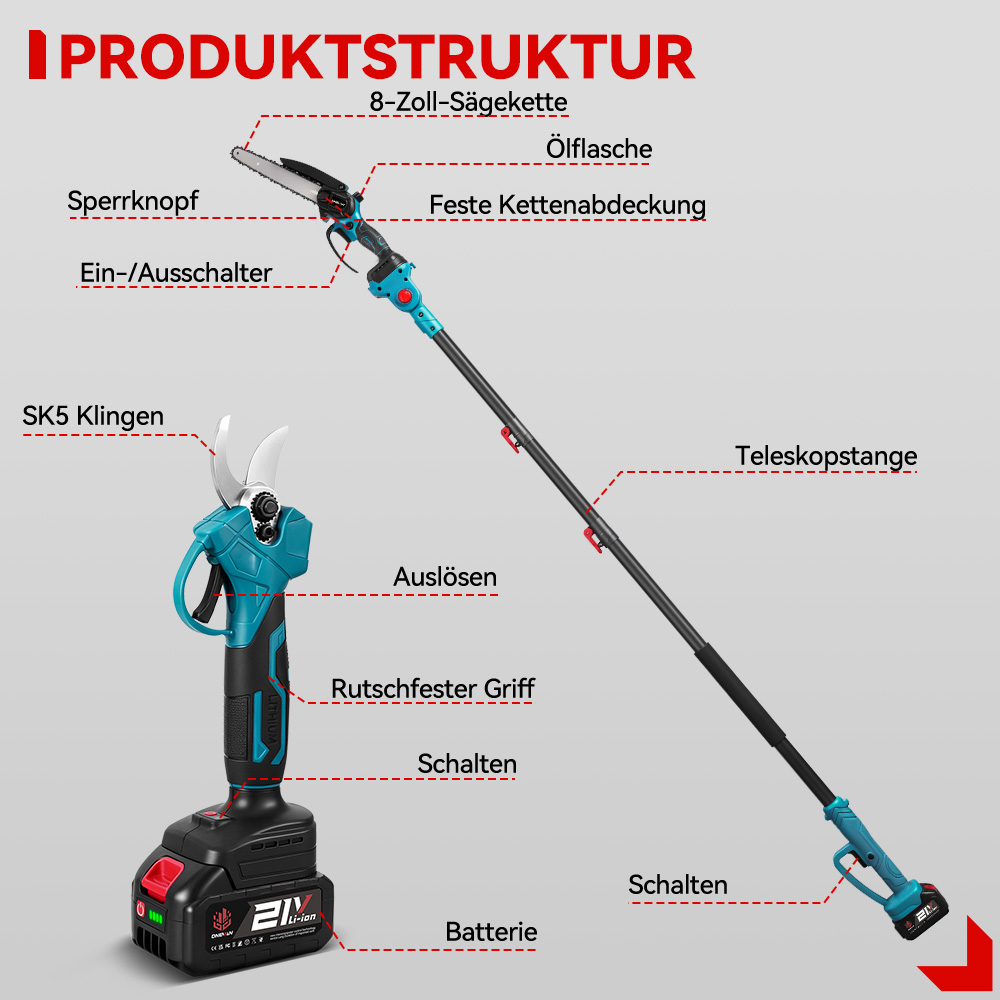 Produktstruktur: Heckenschere mit Teleskopstange, Sägekette, Klingen, Griff, Batterie.