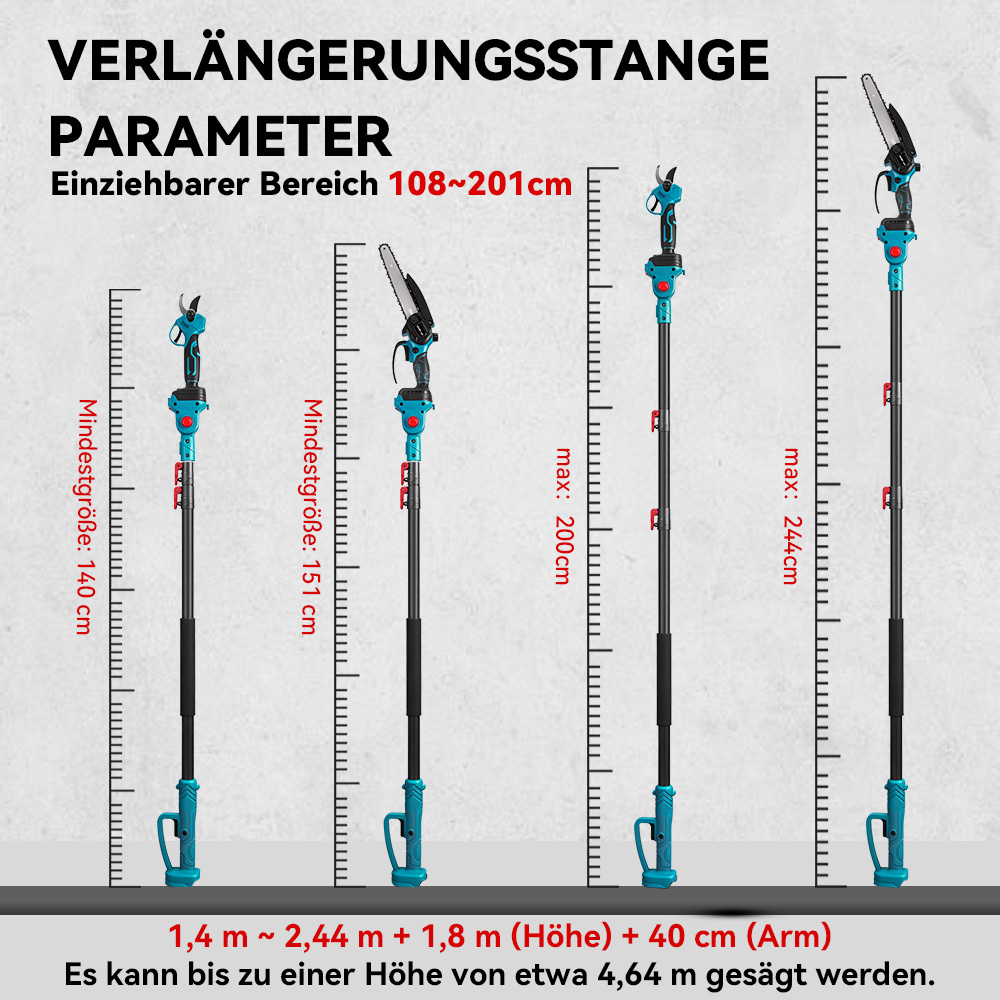 Vier Teleskopstangen mit Säge- oder Scherenaufsatz in verschiedenen Längen.