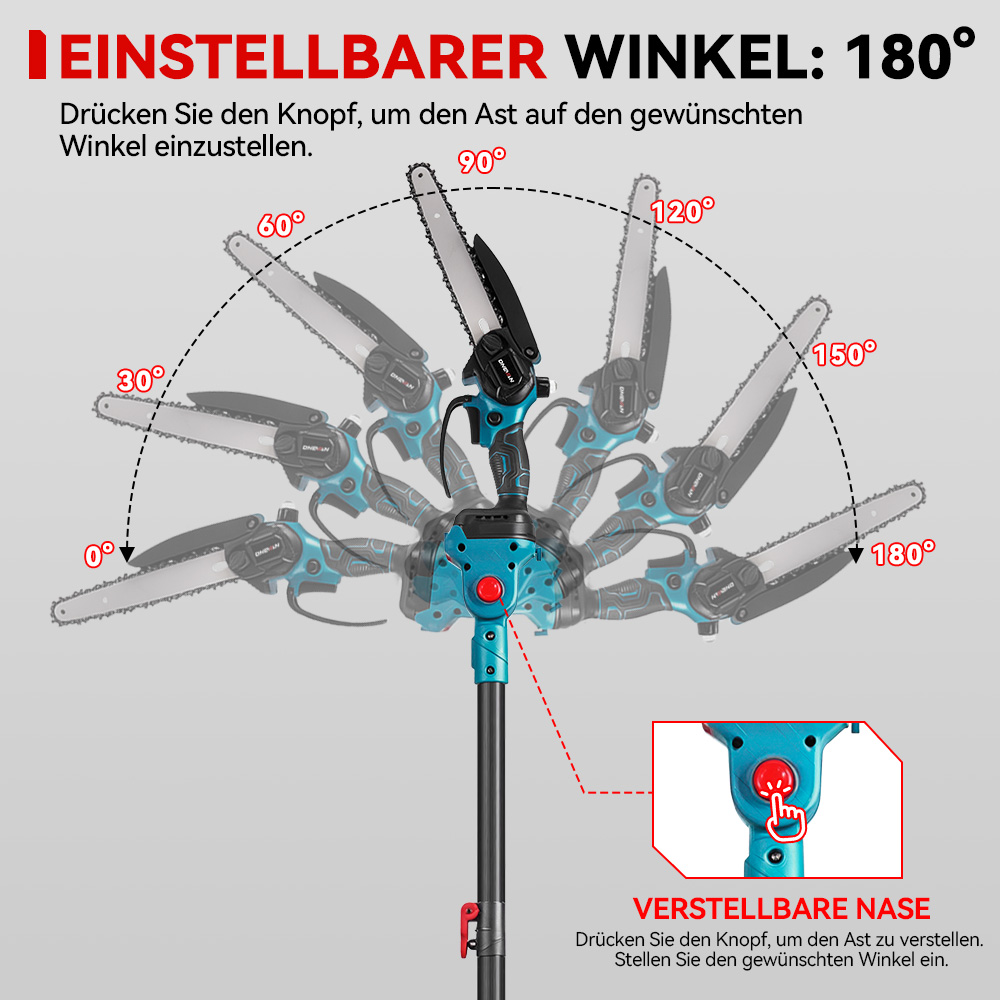Ein blaues Kettensägenwerkzeug mit verstellbarem Winkel von 0-180 Grad.