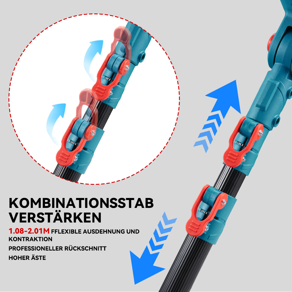 Ein Teleskopstiel mit blauen und roten Klemmen. Text auf Deutsch.