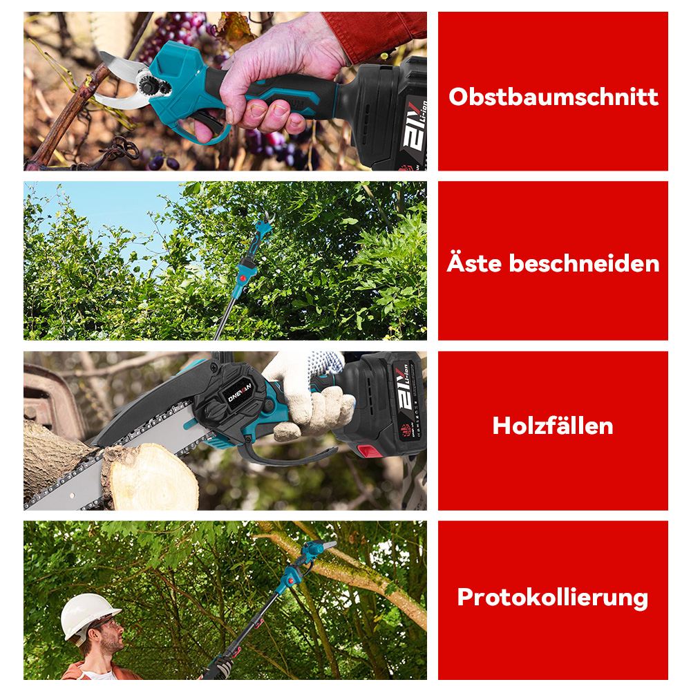 Vier Bilder zeigen Gartengeräte im Einsatz: Obstbaumschnitt, Äste schneiden, Holz fällen, Protokollierung.