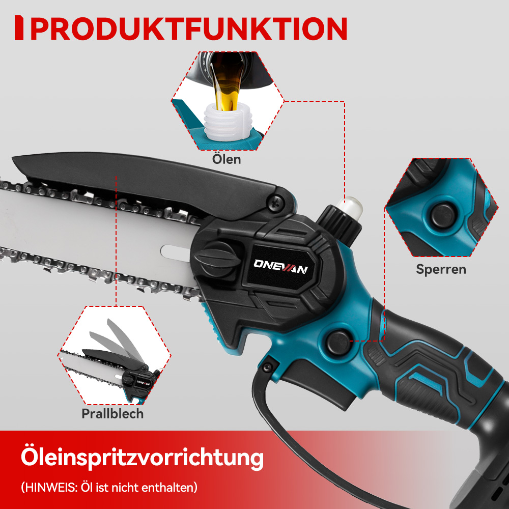 Produktfunktion: Kettensäge mit Öl-Spritzeinrichtung, Sperren und Prallblech.