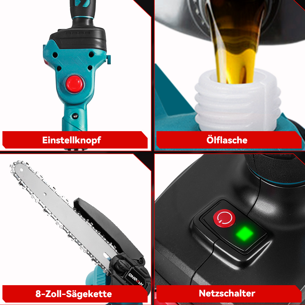 Nahaufnahme-Collage einer Akku-Kettensäge: Einstellknopf, Ölflasche, 8-Zoll-Schiene, Netzschalter.