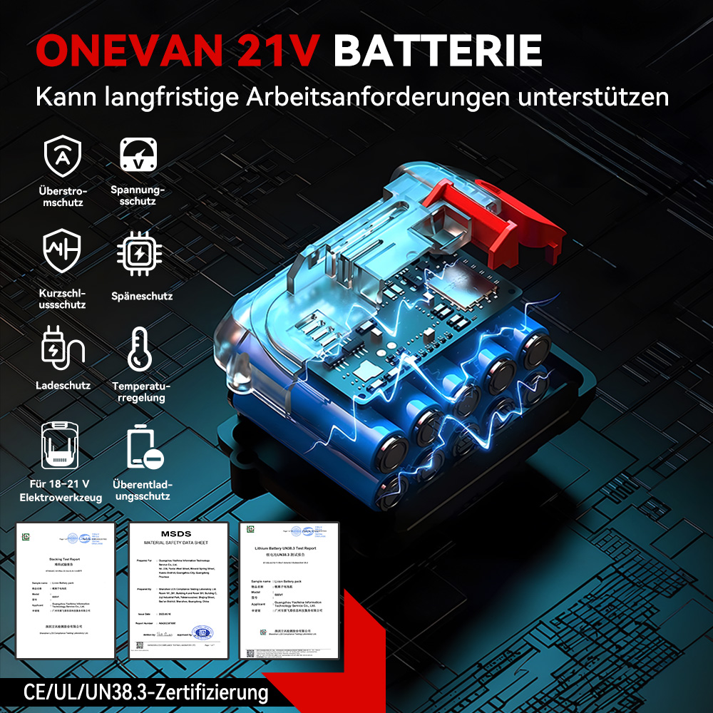 Ein 21V-Akku mit Schutzfunktionen und Zertifizierungen.