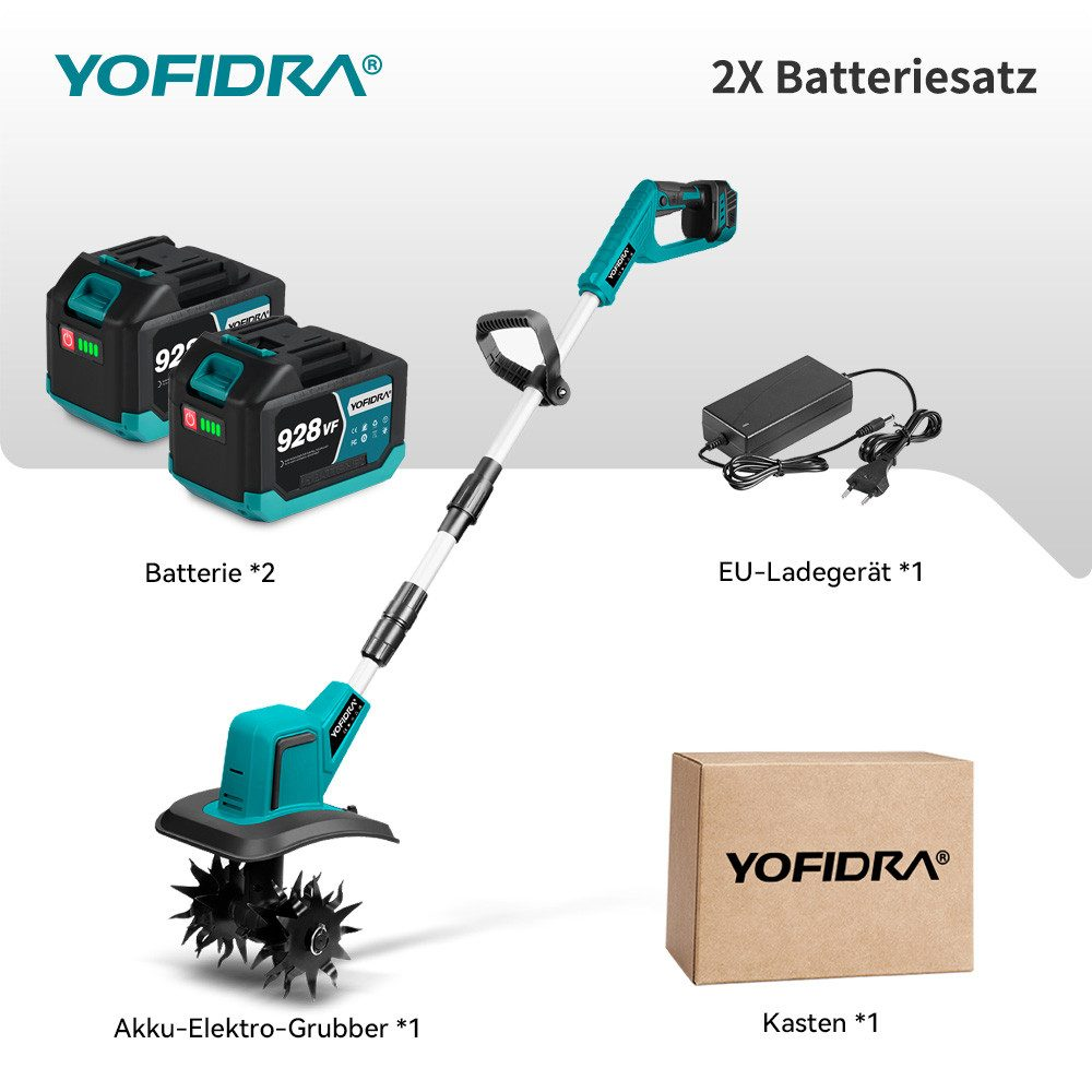 YOFIDRA Akku-Grubber mit 2 Batterien, Ladegerät und Karton.