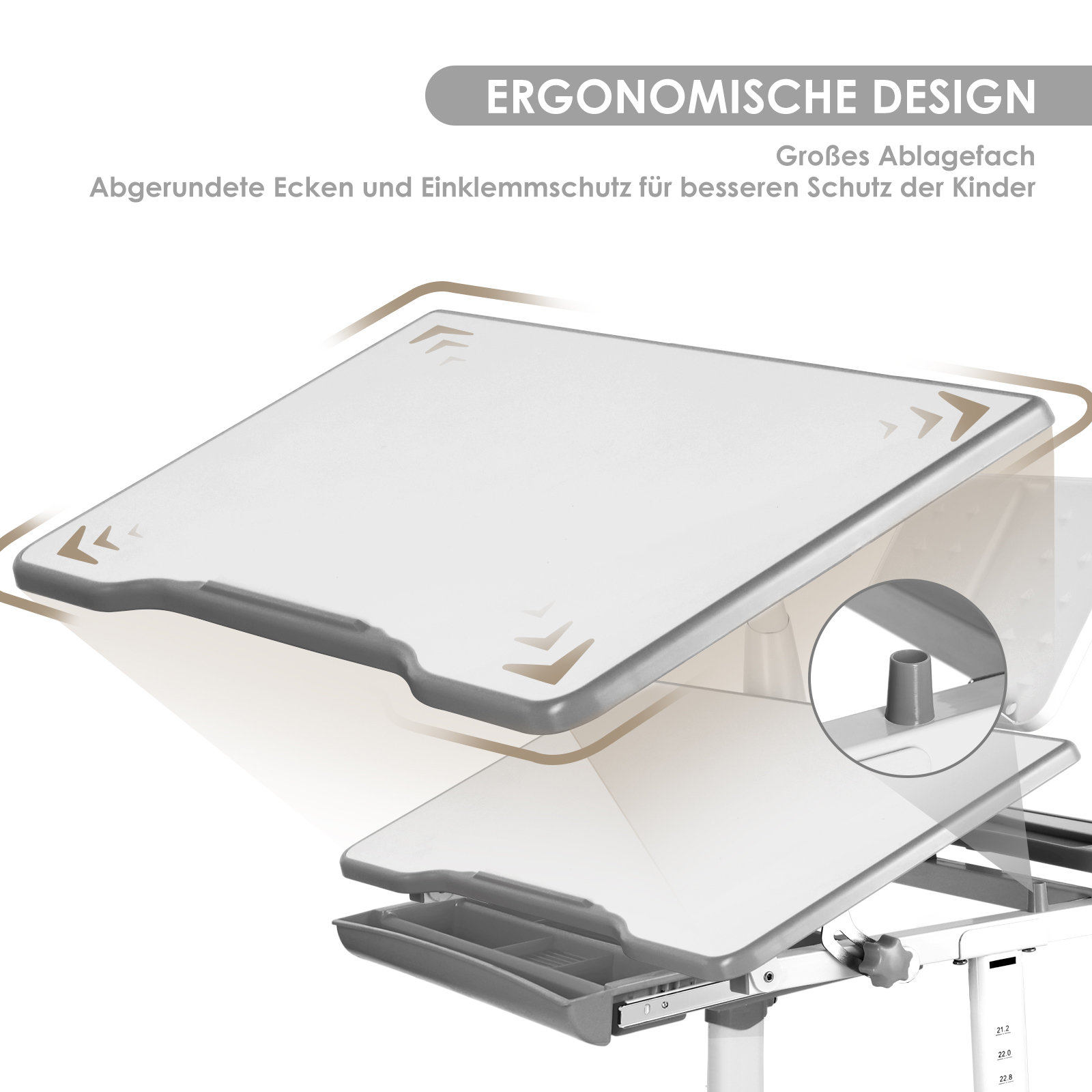 Ein weißer Schreibtisch mit verstellbarer Platte und Schublade.