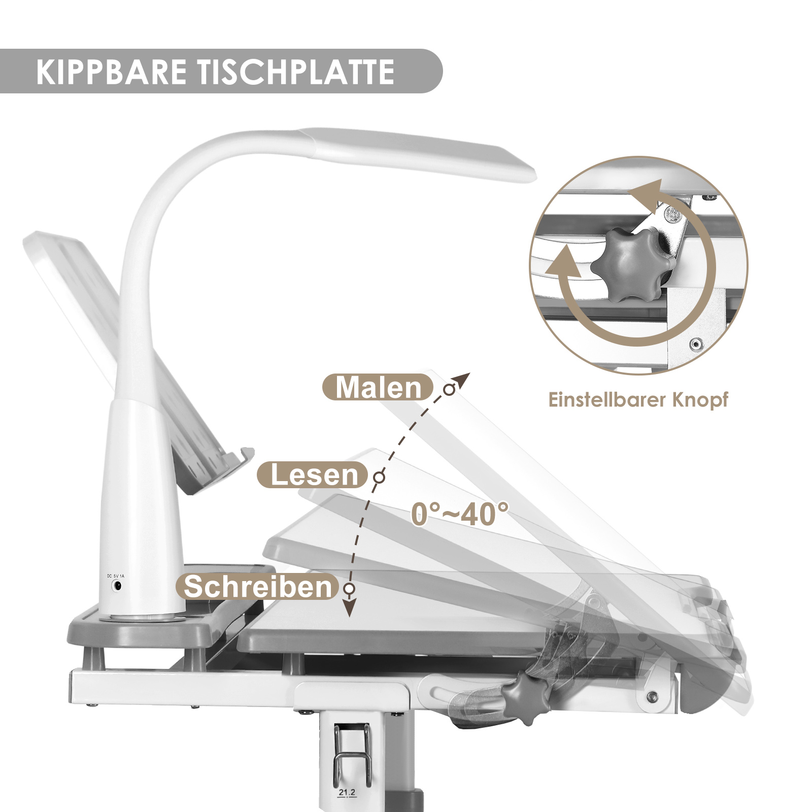 Kippbare Tischplatte mit LED-Lampe, einstellbar für Malen, Lesen, Schreiben.