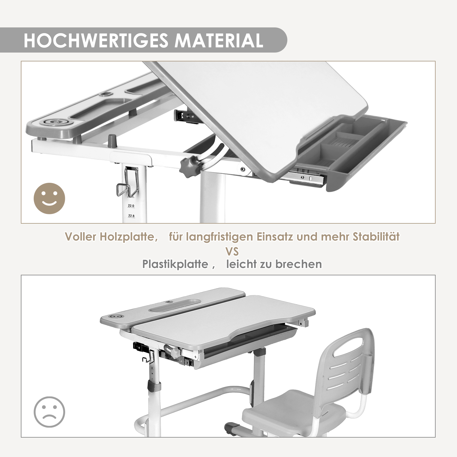 Ein höhenverstellbarer Schreibtisch mit Schublade und Stuhl. Mit Skala.