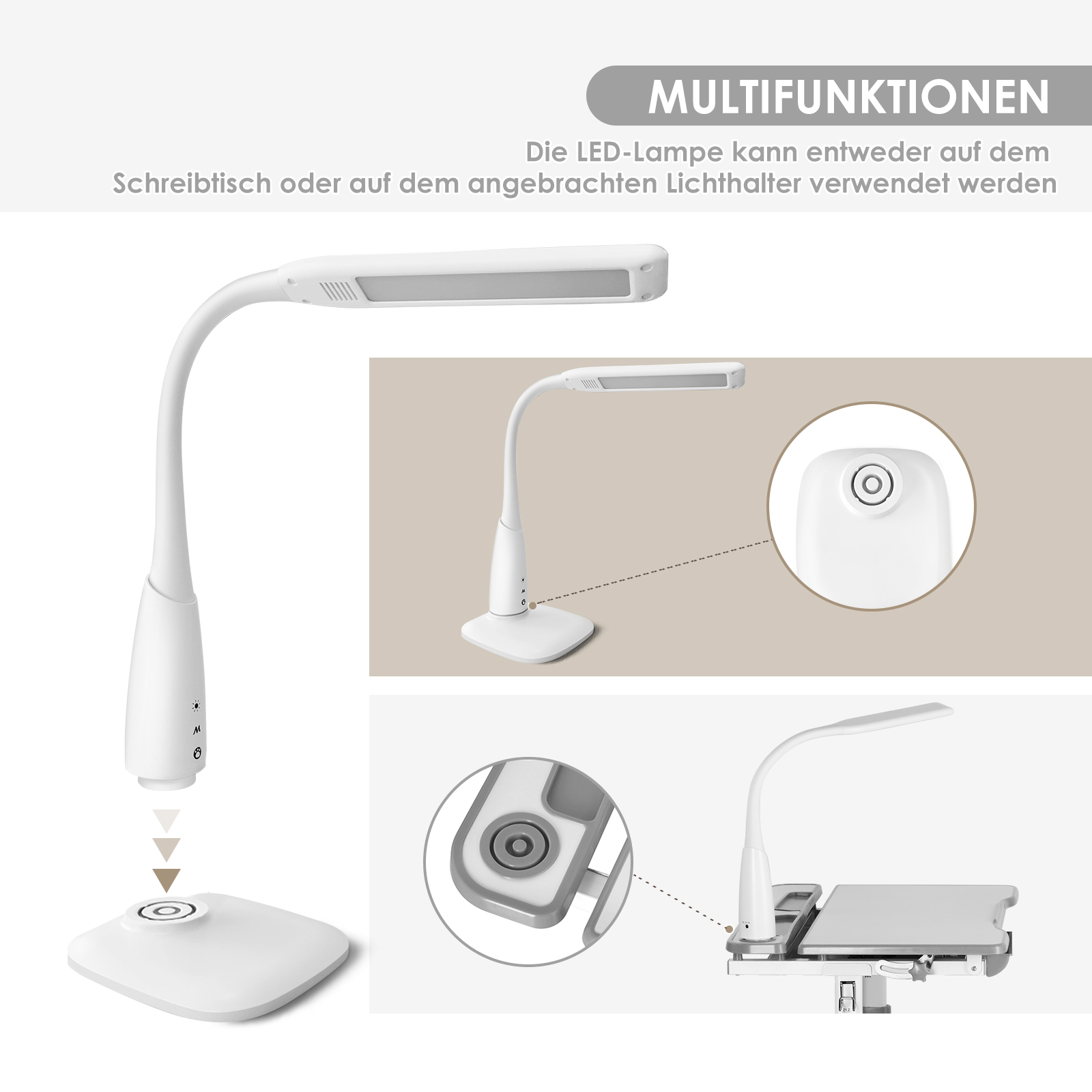 Eine weiße Multifunktions-LED-Schreibtischlampe mit verstellbarem Arm und Sockel.