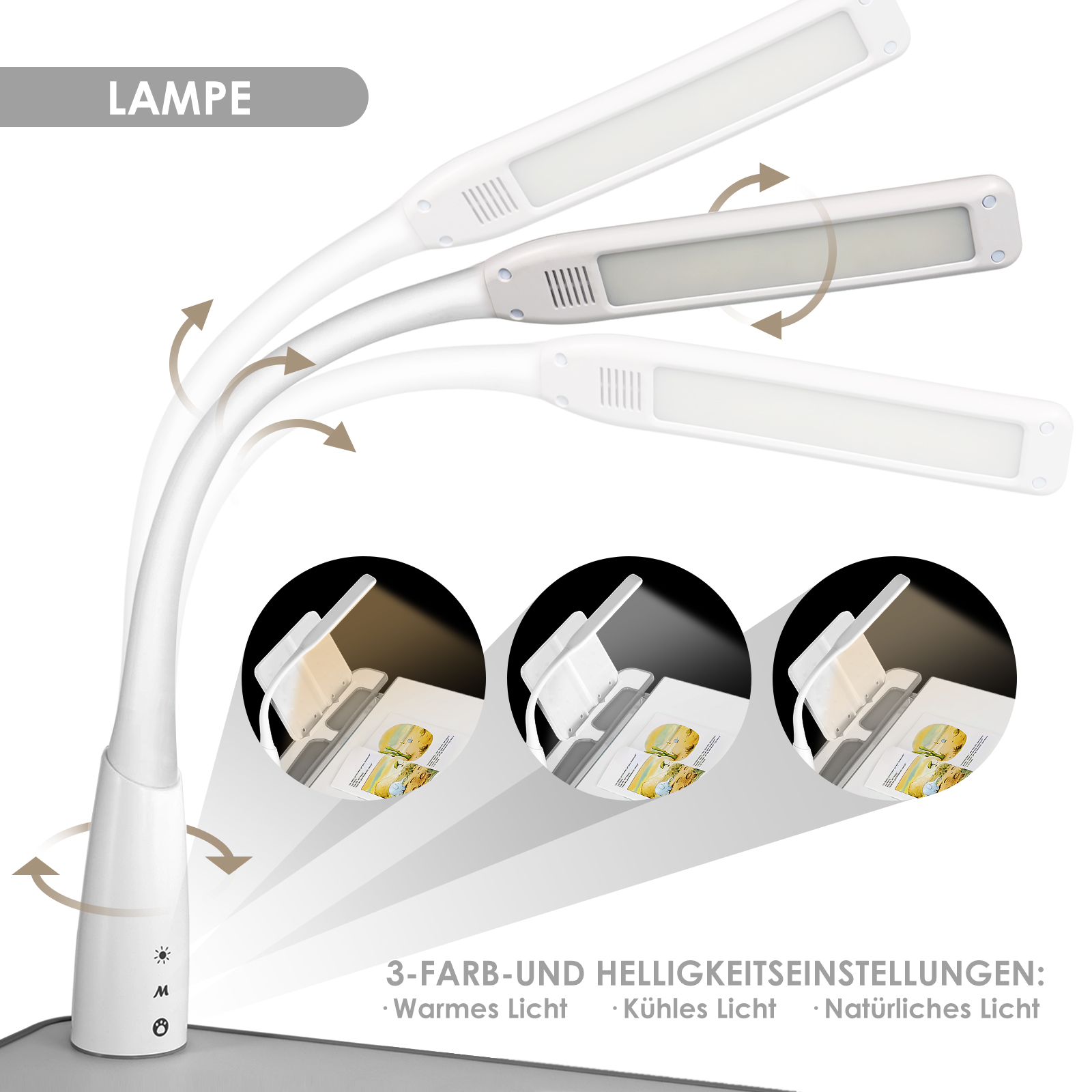 Eine weiße Schreibtischlampe mit flexiblen Armen und drei Lichtmodi.