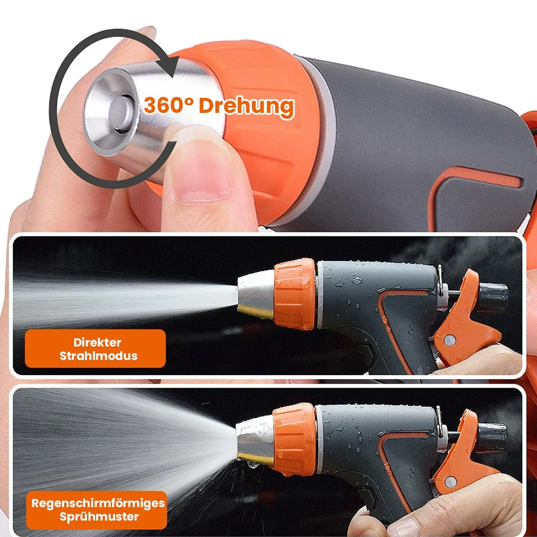 Gartenbrause mit 360 Grad Drehung, Strahl- und Regenschirmmuster.