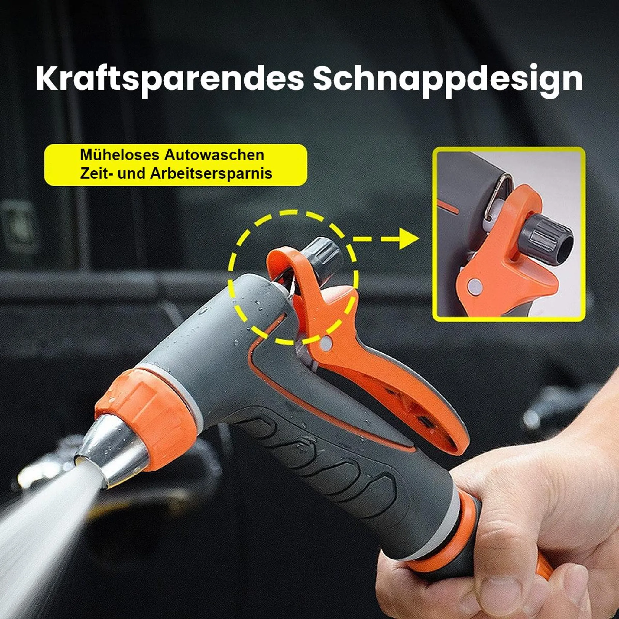 Eine Hand hält eine Spritzpistole, aus der Wasser spritzt.