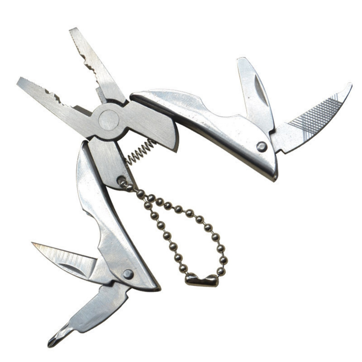 Ein silbernes Multitool mit Zange, Messer, Feile und Schraubendreher an einer Kugelkette.