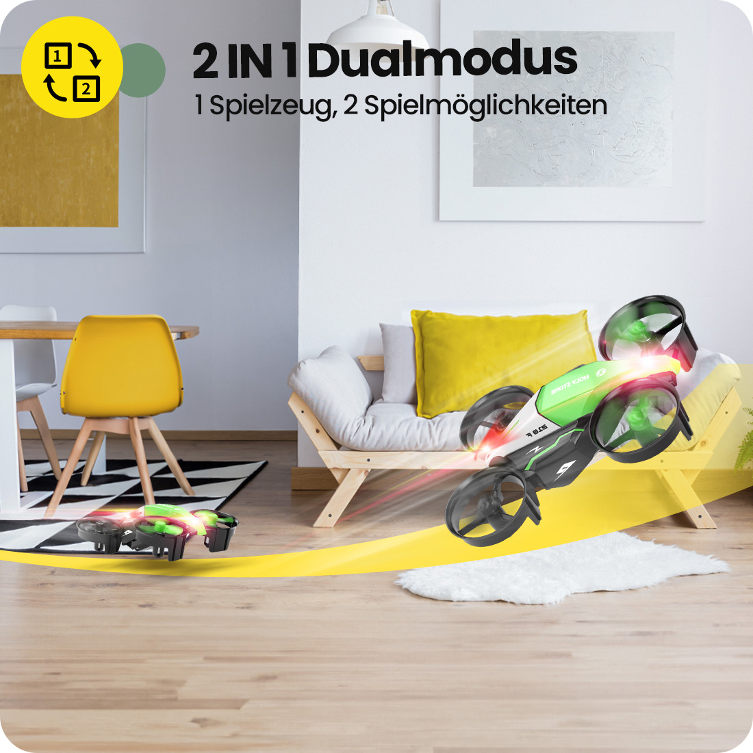 Ein grüner und weißer Drohnen-Auto-Hybrid fliegt über einen Teppich in einem Wohnzimmer.