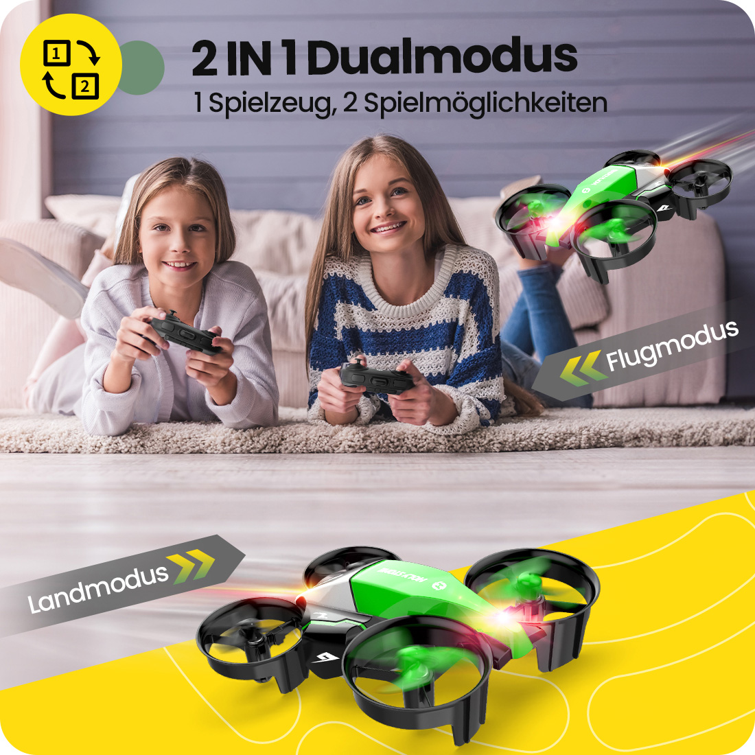Zwei Mädchen spielen mit einer Drohne, die auch als Auto fungiert.