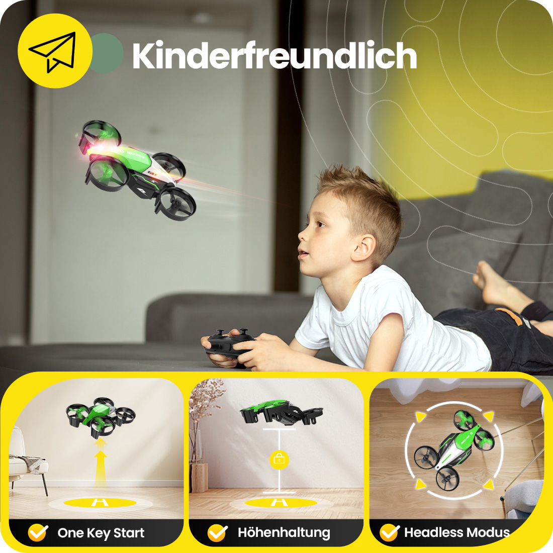Junge spielt mit grünem und schwarzem Quadrocopter-Spielzeug. Funktionen: One Key Start, Höhenhaltung, Headless Modus.