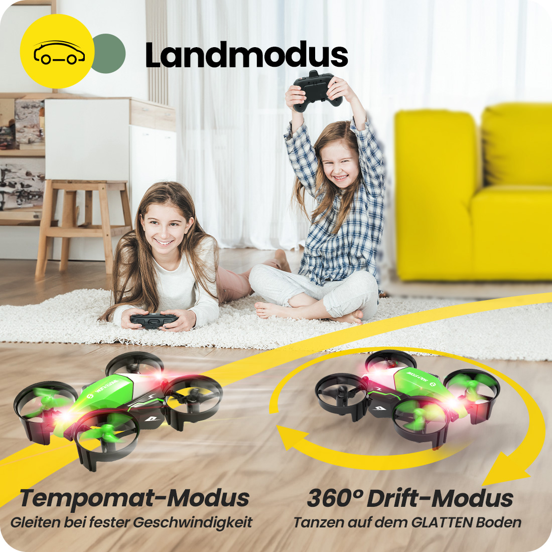 Zwei Mädchen spielen mit Drohnen im Landmodus, eine grüne und eine schwarze Drohne.