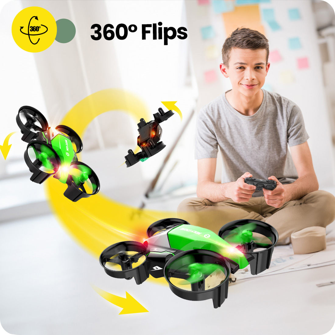Ein Junge spielt mit einer grünen Drohne, die 360-Grad-Flips ausführt.