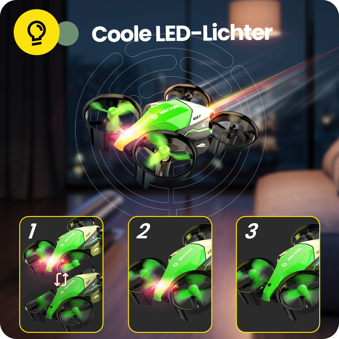 Ein grüner und schwarzer Spielzeugdrohne mit LED-Lichtern fliegt.