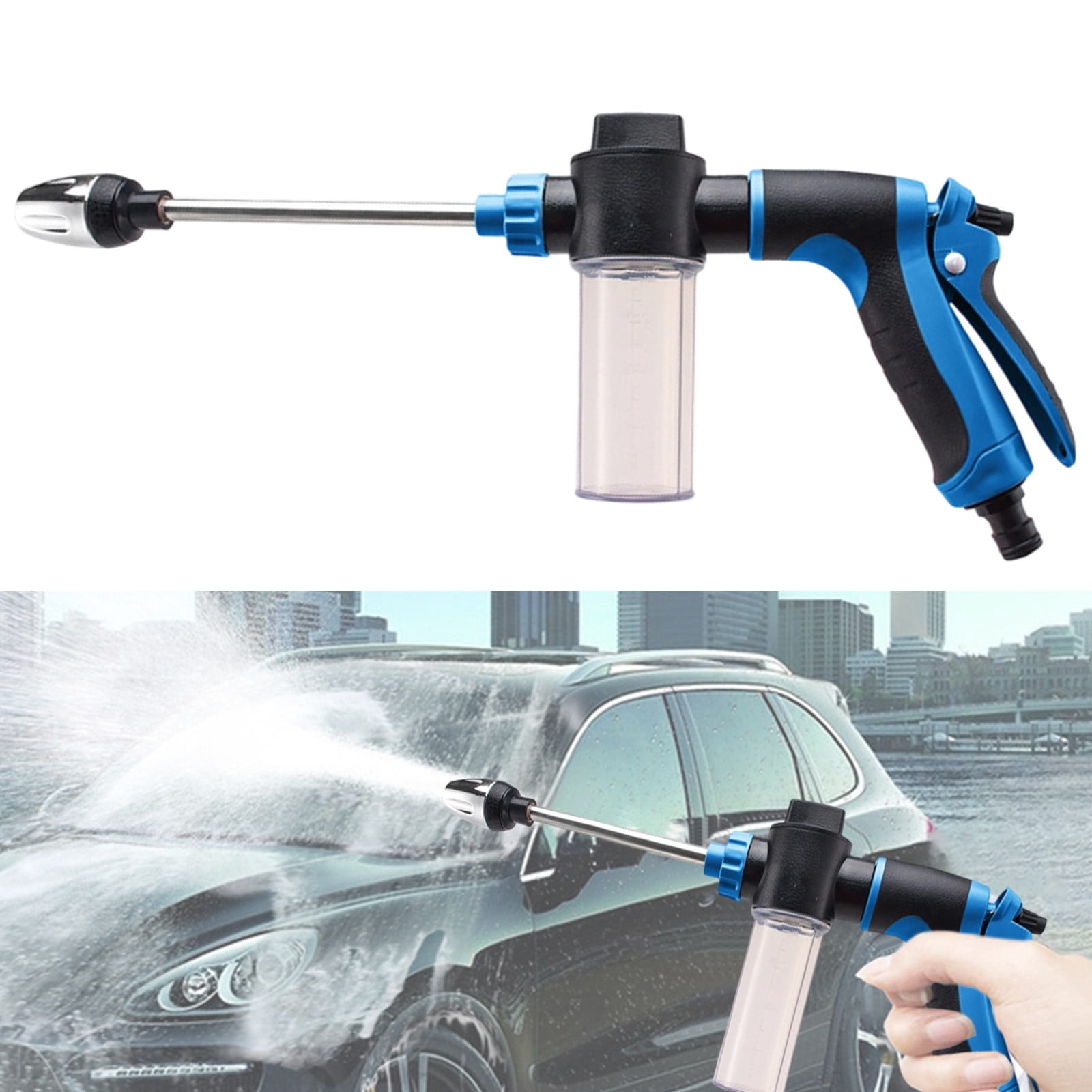 Ein blau-schwarzer Hochdruckreiniger sprüht Wasser auf ein Auto.