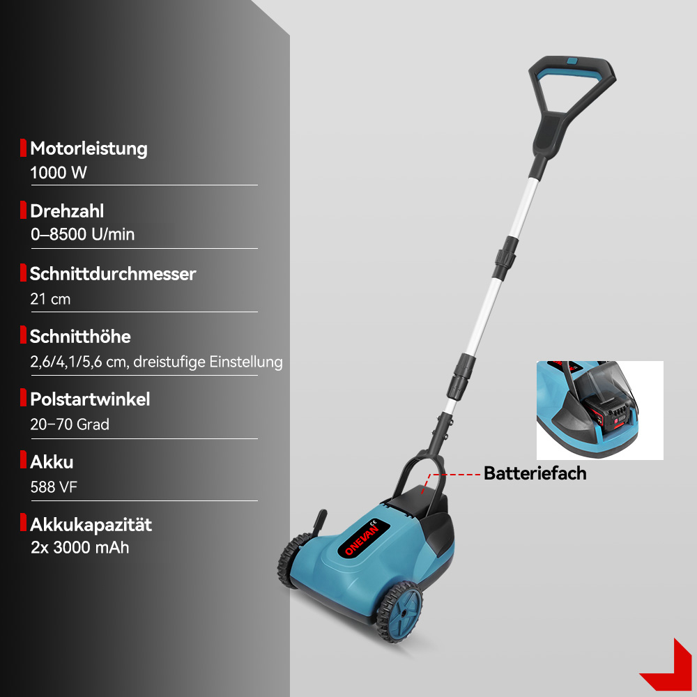 Ein blau-schwarzer elektrischer Rasenkantenschneider mit technischen Daten. Er hat einen Griff und Räder.