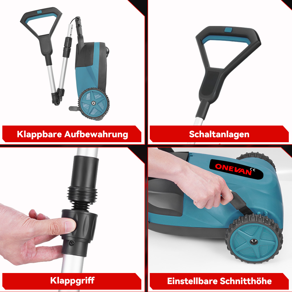 Vierteilige Ansicht eines Rasenmähers mit Klappgriff, Schaltern und Schnitthöheneinstellung.