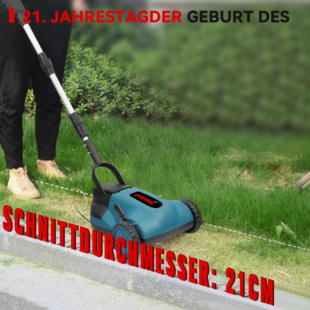 Person mäht Gras mit einem blauen Rasenmäher. Schnittdurchmesser 21 cm.