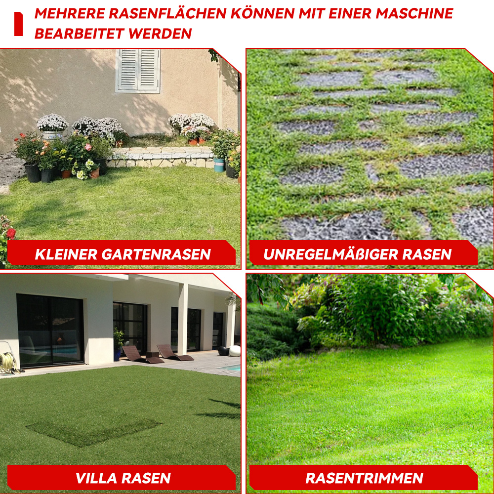Vier Rasenflächen: kleiner Garten, unregelmäßiger Rasen, Villenrasen, Rasentrimmen.