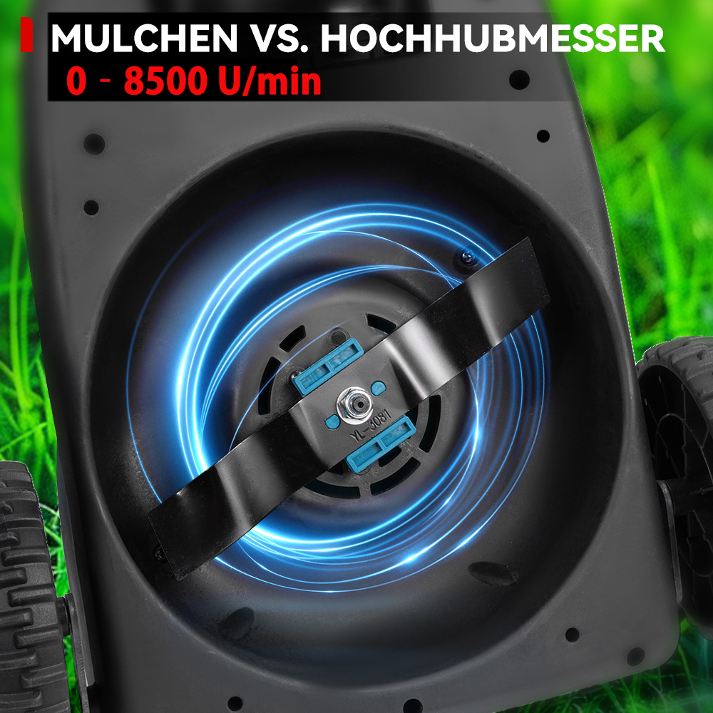 Nahaufnahme des Mähwerks eines Rasenmähers mit rotierender Klinge und blauen Lichteffekten.