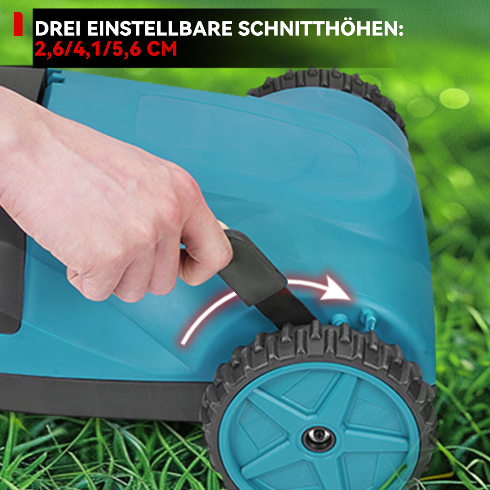 Hand verstellt Mähroboter-Schnitthöhe. Gras im Hintergrund.