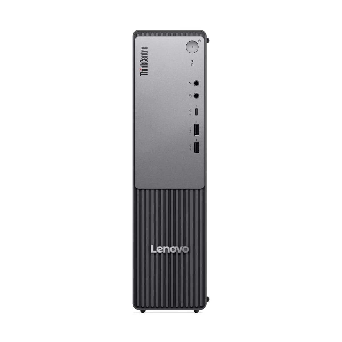 Un PC desktop Lenovo ThinkCentre grigio con scanalature verticali sul davanti.