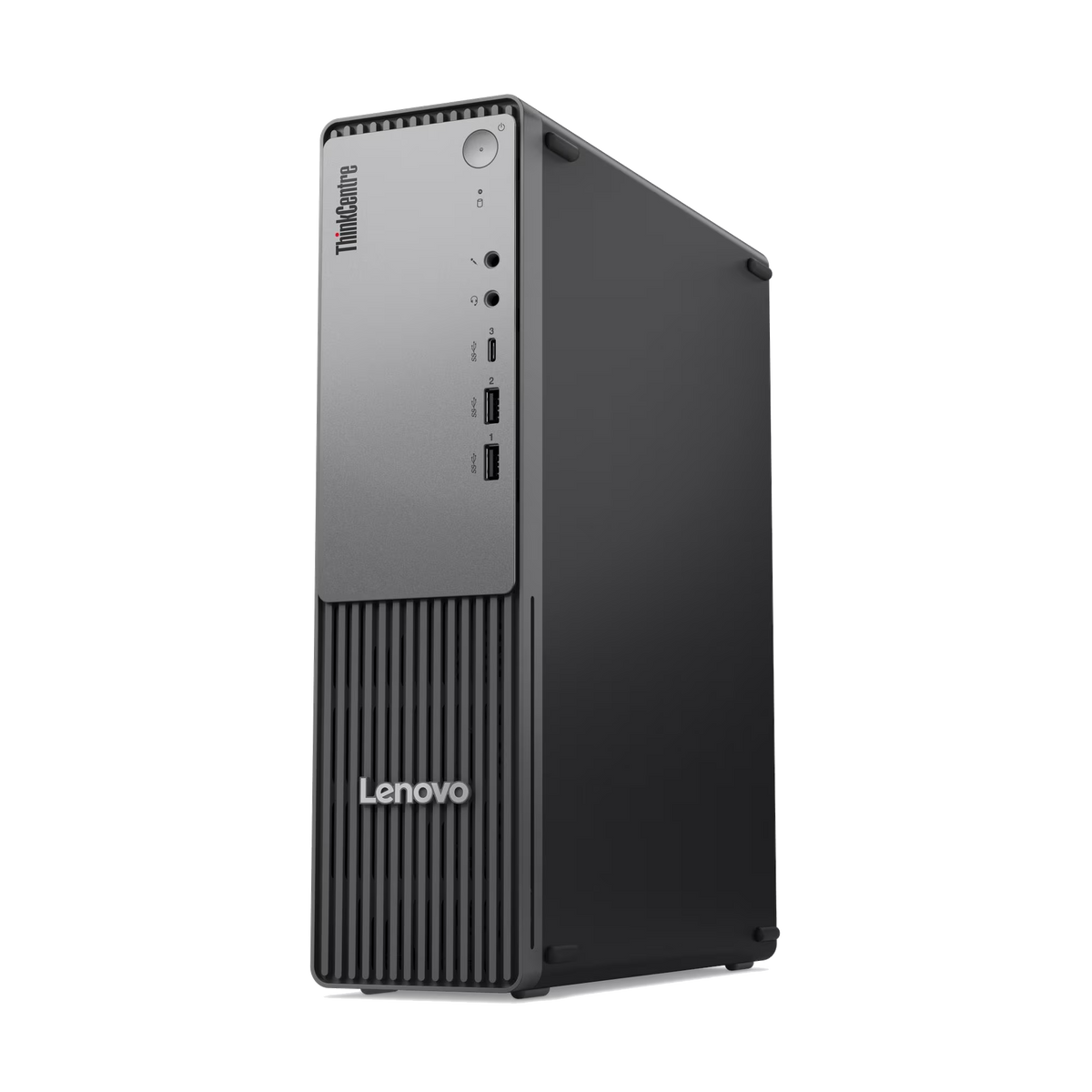 Un case desktop grigio Lenovo ThinkCentre con prese d'aria verticali.