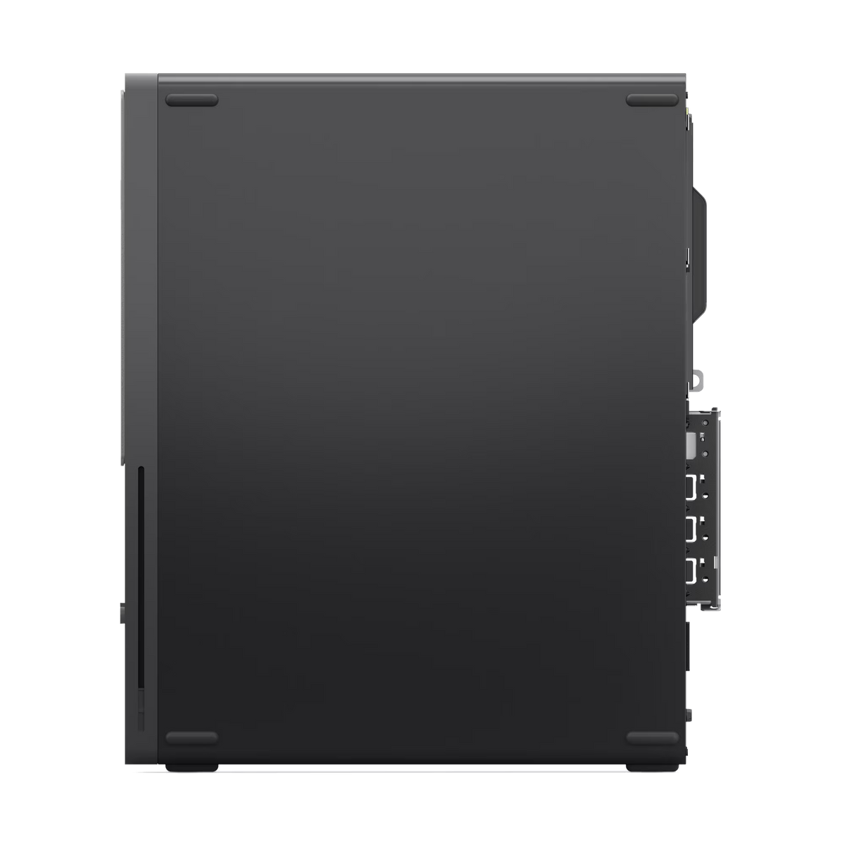 Torre del computer nera vista laterale. Porte USB visibili sul lato destro.