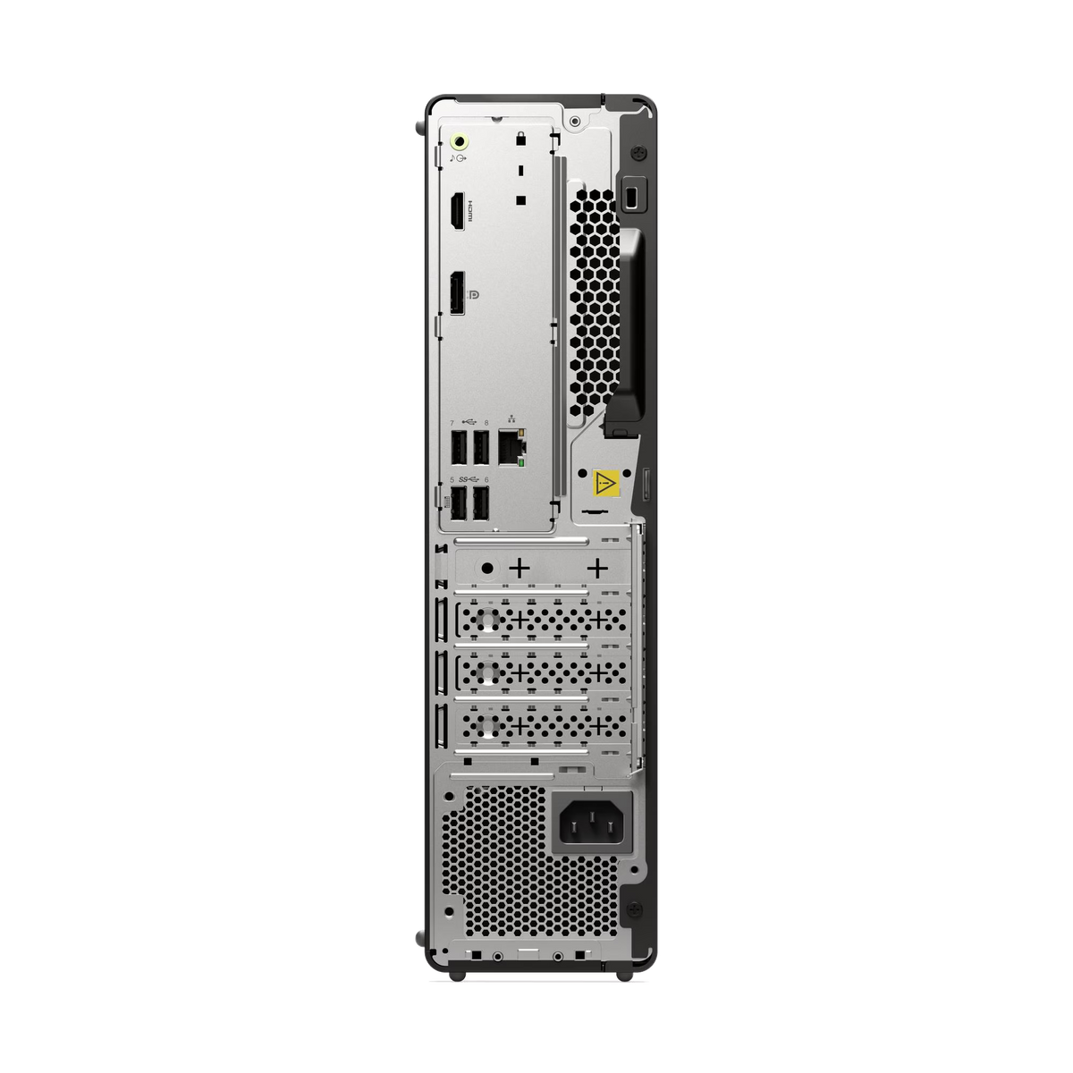 Retro di una tower per computer argentata con porte, prese d'aria e ingresso di alimentazione.