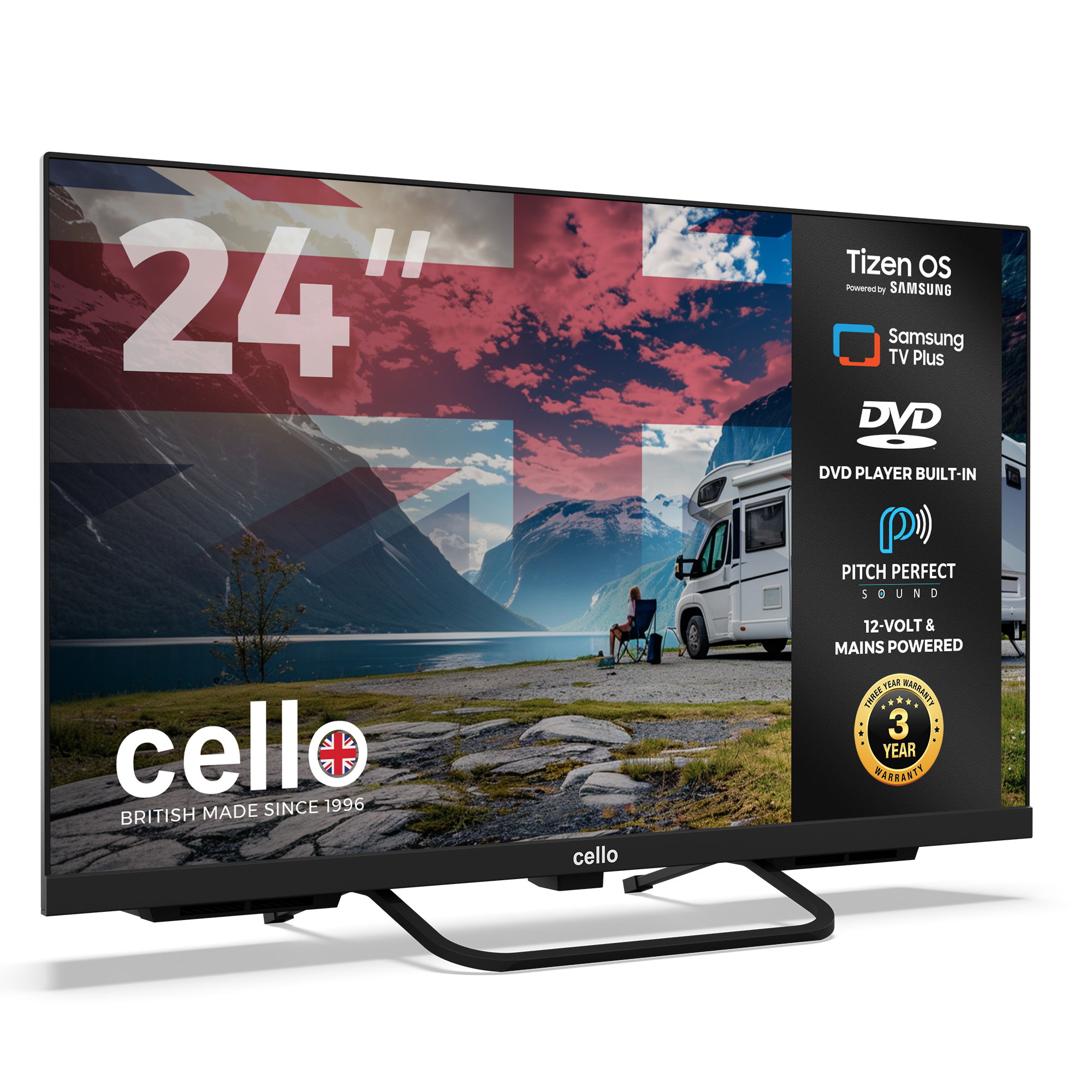 Ein 24-Zoll-Cello-Fernseher zeigt Berg-, See- und Wohnmobil-Landschaft mit britischer Flagge.