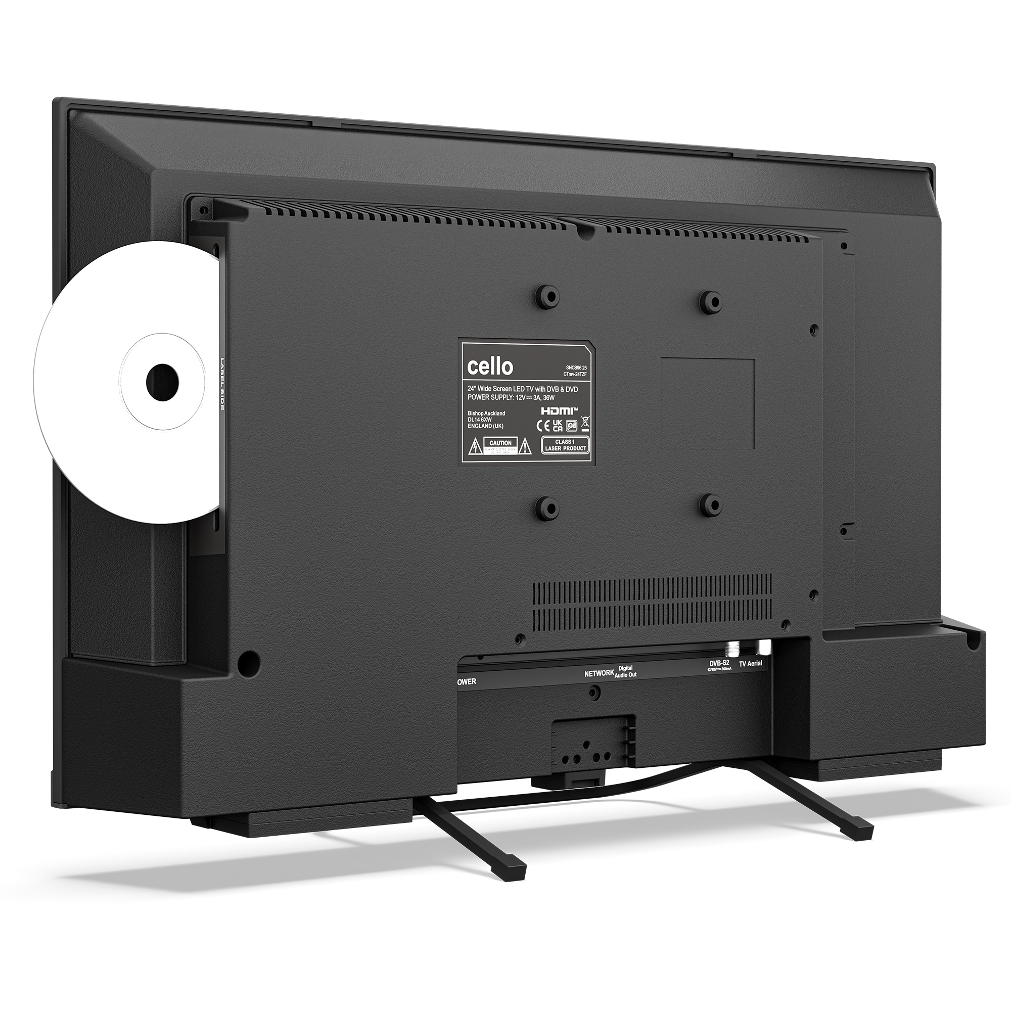 Rückansicht eines schwarzen Cello-Fernsehers mit DVD-Schlitz und eingelegter Disc. Anschlüsse sichtbar.
